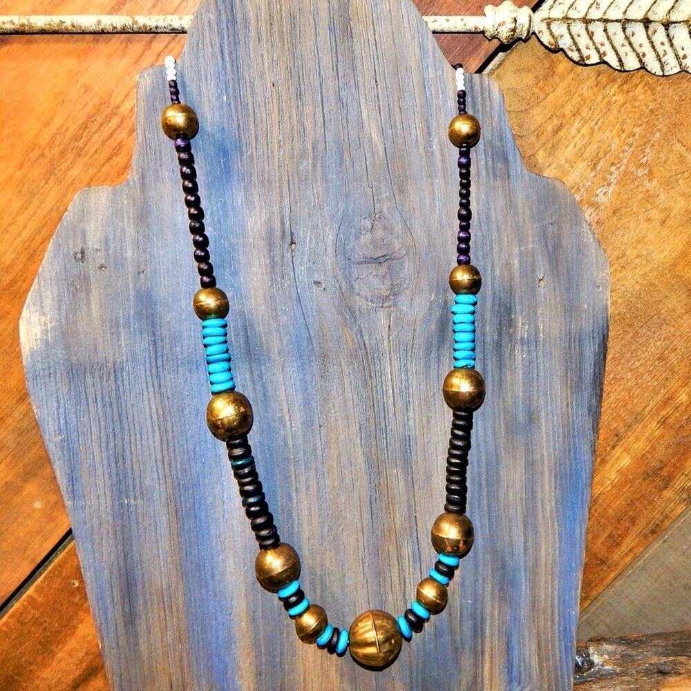 Vintage Bohemian Wood & Brass Bead Necklace